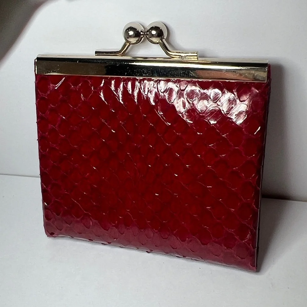 Marshall Field’s Red Snakeskin Mini 3” x 2.5” Kisslock Trifold Wallet - Unused
